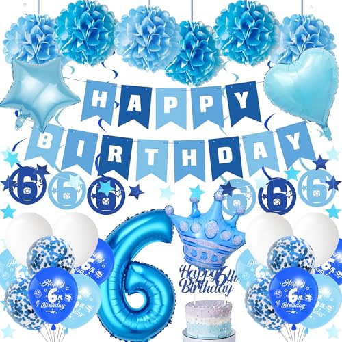Geburtstag 6 Jahre Junge Luftballon - 35 StüCk Blau Happy Birthday Banner Riesen Folienballon Zahl Geburtstagsdeko Girlande Tortendeko Papier Pompons Deko FüR Jungen 6 Jahr Party Dekorationen
