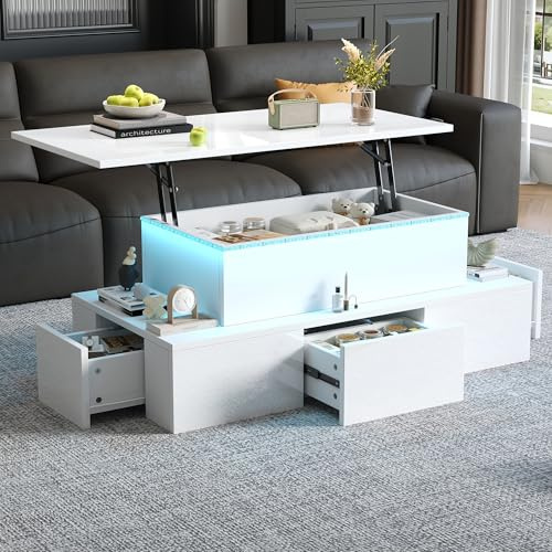 ModernLuxe High Gloss Lift Top Coffee Table with 4 Drawers and LED Lights, Space-Saving Side Table for Living Room or Office, White, 100 x 50 x 40 cm
