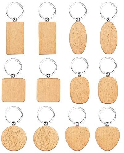 12PCS Wooden Key Ring Blank Wooden Key Chain DIY Personalized Wood Key Ring for DIY Crafts Decorations Gifts Pyrography Design 6 Styles
