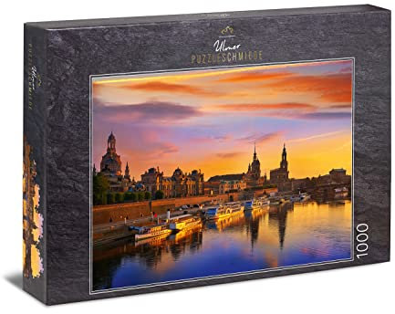 Ulmer Puzzleschmiede - Puzzle „Dresden am Abend“ - Klassisches 1000 Teile Städtepuzzle – Stimmungsvolles Puzzlemotiv der Stadt an der Elbe mit Semperoper, Zwinger und Frauenkirche