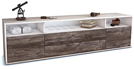 Stil.Zeit TV Schrank Lowboard, Andrew, Korpus Weiss matt, Front Holz-Design Treibholz, (180x49x35cm), Push to Open Technik & Leichtlaufschienen