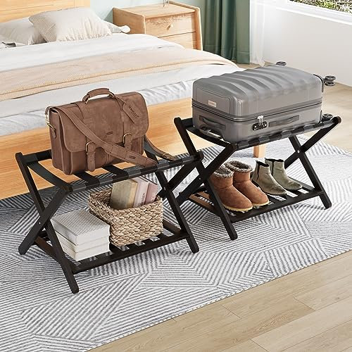 Smuxee Lot de 2 porte-bagages noirs entièrement assemblés, en bambou avec 5 sangles en nylon, support de bagage avec étagère pour chambre d'amis, chambre à coucher, hôtel (porte-bagages noir)