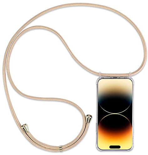 DiDaDi Handykette Kompatibel mit iPhone 14 Pro Max Hülle mit Band Necklace Handyhülle für Smartphone zum Umhängen Abnehmbar Schutzhülle mit Schnur Transparent Stylische Case (Gold)
