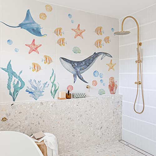 funlife Wal Krake Starfish Wandaufkleber für Kinder, Jungen, Boys, Ozean Fantasie Meerestier Pflanzen Wandsticker, transparent PVC Wandattoo Kinderzimmer, Babyzimmer, Schlafzimmer, 40x116 cm