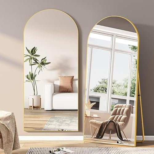 BHFFTHK Bogen Ganzkörperspiegel,180x80cm Gewölbter Spiegel mit Gold Metallrahmen Standspiegel HD Groß Bodenspiegel Wandspiegel mit Haken für Schlafzimmer Ankleidezimmer Spiegel