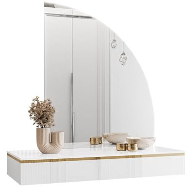 lukmebel - Schminktisch mit Spiegel - Schminkspiegel mit Beleuchtung und Schubladen - Konsolentisch Schmal Hängend - Make Up Tisch Frisiertisch Kosmetiktisch Glanz Weiß Gold - Aurora-Q