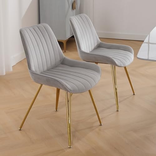 chairus 2er Set Samt Esszimmerstühle Armlose Küchenstühle für Esszimmer Polsterstuhl mit Goldenen Metallbeinen für Wohnzimmer (Grau-2)