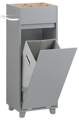SoBuy Wäscheschrank mit ausklappbarem Wäschesack Wäschesammler mit oberen 4 Ablagen Wäschekorb Wäschetruhe Badezimmerschrank Badschrank Dunkelgrau BHT ca. 35x90x30cm BZR159-DG