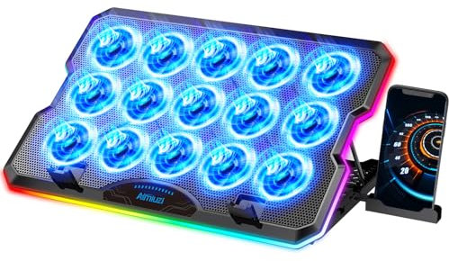 AIMIUZI Laptop-Kühlkissen, Gaming-Laptop-Kühler mit 15 leisen Lüftern für 30,5-43,8 cm (12–17,3 Zoll) Notebook, schlanker, tragbarer RGB-Laptop-Kühlständer mit 7 höhenverstellbaren 2 USB-Anschlüssen,