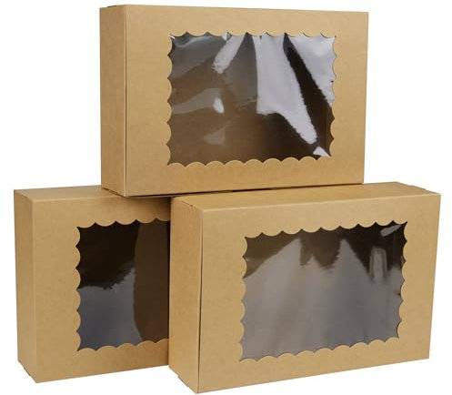 GXFCING 24 Pack Kraft Bakery Boxes with Window 9” x 6” x 2.5” Cookie Boxes Brown Packaging Gift Box for Pastry Biscuit Macaron Pie Candy Donuts