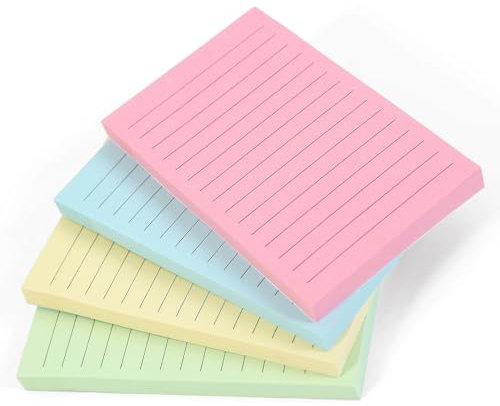 Evergreen Goods 400 Lined Sticky Notes Pastel Colours 100 Sheets per Pad (76x127mm) 4 Pads Yellow, Pink, Blue, Green Removable Adhesive for Study, Office & Memos
