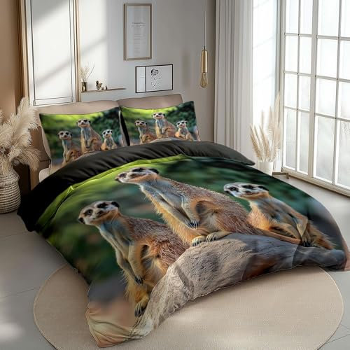 CozyRest Bettwäsche 100 x 135 cm Bettbezug Set 2 Teilig mit 1 Kissenbezügen, Muster Safari Erdmännchen Wende Bettwäsche für Teenager Kinder, aus Weiche Mikrofaser mit Reißverschluss