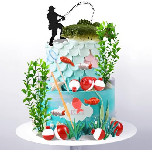 25 St Fische Angeln Tortendeko Angeln Cake Toppers im Fisch Deko für die Dekoration Aller Arten von Kuchen oder Desserts für die Fischerei Themengeburtstagsfeiern, Urlaubspartys, Turnier Feiern,Taufe