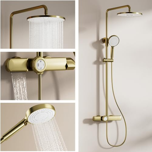 Duschsystem mit Thermostat aus Messing, Duscharmatur Komplettset Gebürstetes Gold mit 26cm Regendusche Duschkopf und Handbrause mit 3 Strahlstärken, Verstellbarer Duschstange, Duschset