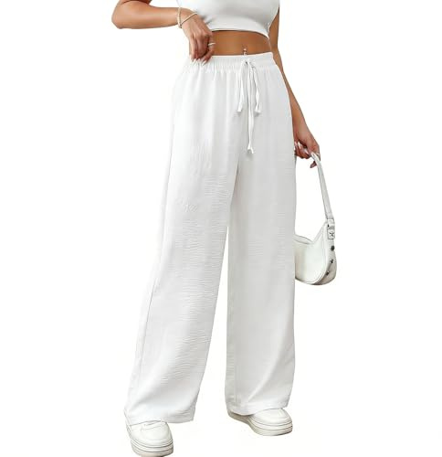 Risipu Women Linen Trousers Summer Thin Wide Leg Trousers High Waisted Breathable Palazzo Casual Cotton Pants with Side Pocket (M, White)