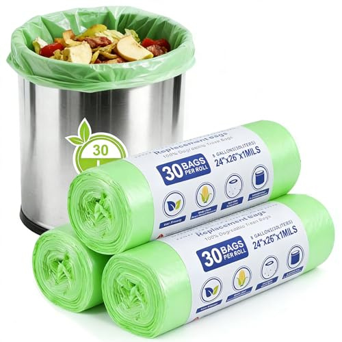 90 Pcs 30L Bin Liners, 8 Gallon(60x65cm) Degradable Food Waste Bags Thickened Non-Dripping, Large Capacity, Good Toughness, Food Caddy bags Bin Liners for Kitchen Office Bath (Green)