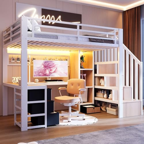 YCYDHDM Hochbett Metallbett 90x200 cm mit Schreibtisch und Schubladen, Etagenbett mit Stauraumtreppe und Ablagefach, Sicherheitszaun-Design, Bett für Kinder und Jugendliche, Weiß