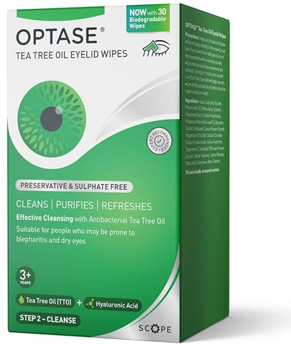 Optase Tea Tree Oil Eyelid Wipes – Cleanses, Purifies, and Refreshes Eyelids – Preservative Free – 30 Biodegradable Wipes – Effective Cleansing with Antibacterial Tea Tree Oil