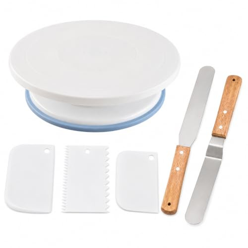 DDUP Cake Turntable Set, 28cm Rotating Cake Stand (White) | With 2 Icing Spatulas & 3 Plastic Scrapers, Non-Slip PP Cake Decorating Turntable Kit for Baking, Icing & Cake Decoration