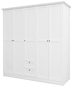 Landhaus Kleiderschrank, Schlafzimmerschrank, 5-türig, (B/H/T: 190 x 200 x 67), weiß, Möbelgriffe antik