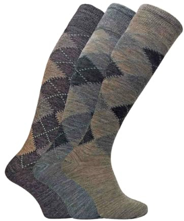 Sock Snob - 3 Paar Herren Extra lange Knie High Argyle Lämmer Wollkleid Socken in Braun oder Grau