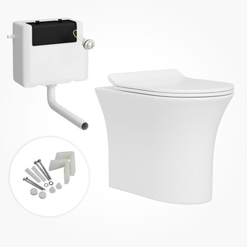 Back to Wall Rimless Toilet Pan with Concealed Cistern Gloss White Ceramic Round Shape with Slim Soft Close Seat – Sleek Bathroom Look (Breeze)