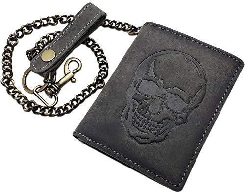 myledershop Echt Büffel-Vollleder Hochformat Bikerbörse/Geldbörse/Geldbeutel/Portemonnaie mit Metallkette mit RFID & NFC Schutz (Totenkopf-Motiv/Vintage-Grau)