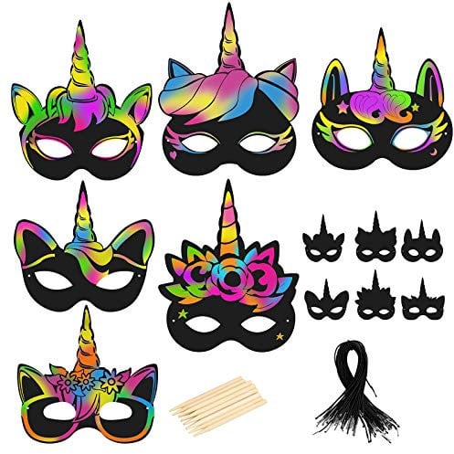 BIGKASI 24Pcs Einhorn Kratzbilder Bastelset DIY Masken Kratzpapier Unicorn Scratch Basteln mit Holzstiften und Gummiband Kreatives Bastelset für Mädchen Jungen Geschenk Kinder Geburtstag Party, Schwarz