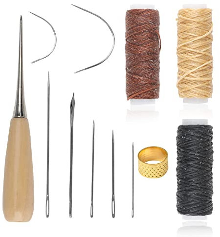 12 Pcs Leather Sewing Kit, Complete Leather Repair Kit Needles, 12m Waxed Thread Cord Drilling Awl Thimble Curved Upholstery Hand Sewing Needles for DIY Crafts Carpet Repair and Sewing Essentials