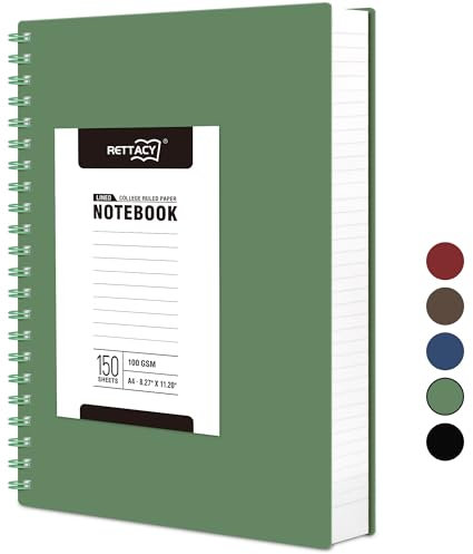 RETTACY A4 Notebook, Notepad, Wirebound Spiral Notebooks 300 pages/150 Sheets for Writing,100gsm College-Ruled Paper, Retro PVC Cover, for Women Men Work Office School,21.5 x 27.9cm - Dark green