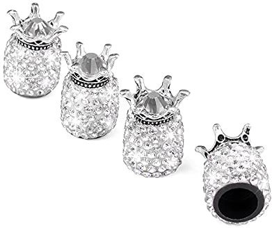CGEAMDY 4 Stück Luftventilkappen KFZ, Crown Crystal Strass Reifenkappen, Reifenventil Staubkappen, Bling Ventilkappen Handgefertigte Universal Auto Zubehör (Weiß)