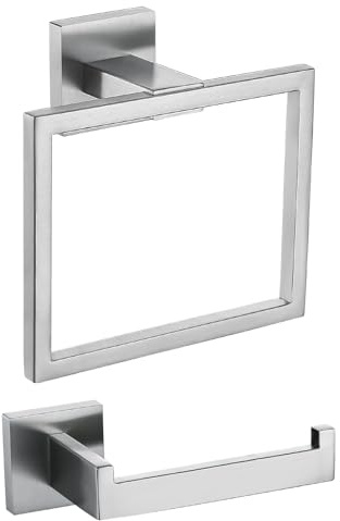 TURS 2 Pieces Square Towel Ring and Toilet Roll Holder Set,Brushed Nickel | Concealed Screw Mounting Wall-mounted Contemporary Hotel Square Style Towel Holder Toilet Roll Holder Towel Hook,Anti-Rust