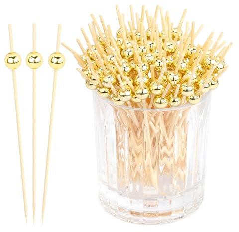 200pcs Cocktailspieße Fingerfood Spieße Cocktail Zahnstocher Holz Mit Goldene Perlen 4.7inch Cocktail Spieße Für Antipasti Carnival Burger Spieße Cocktail Zubehör Käsespieße Geburtstag Party