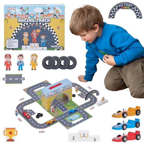 Prextex Tragbare Papier-Autorennbahn – ansprechendes Autorennbahn-Spielzeug mit Autos, Rampenbahnen und spannendem Zubehör für Kinder ab 3 Jahren, steigert STEM-Fähigkeiten, Kreativität, Koordination,