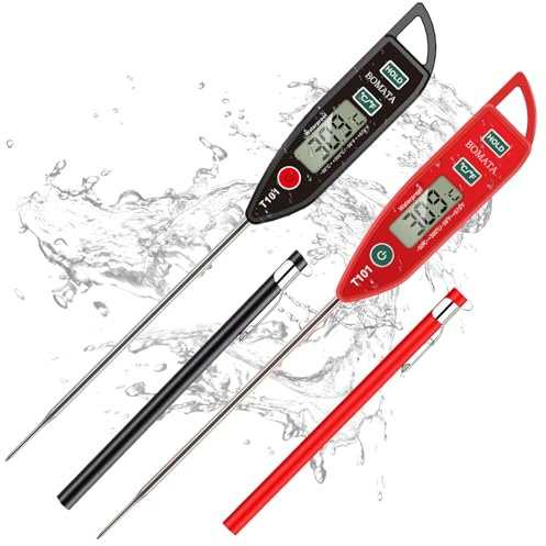 BOMATA Termómetro para carne impermeable IPX7,set de 2,con lectura instantánea de temperatura de alimentos,con sonda larga,agua,líquidos,cocina,asadores y barbacoas.T101x2 Negro y Rojo