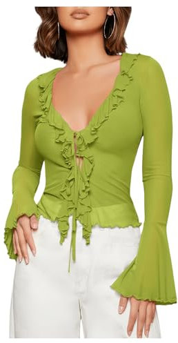 GORGLITTER Women's Deep V Neck Sheer Mesh Tops Ruffle Long Bell Sleeve Tie Front Fitted Vintage Shirt Tops Lime Green M