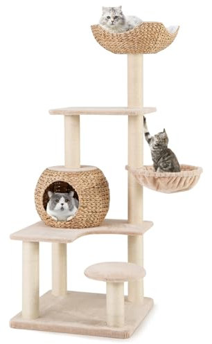 GYMAX Cat Tree, 150cm Cattail Cat Tower with Sisal Scratching Posts, Perch, Cat Condo & Hammock, Hand-Made Wicker Multi-Level Kitty Activity Center for Indoor Cats
