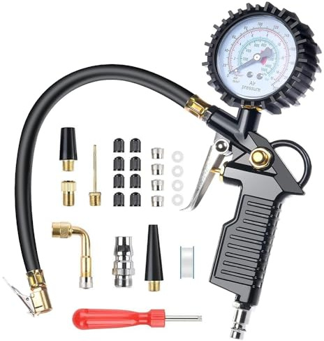 Riisoyu Manómetro Presión Neumáticos Digital, 220PSI Pistola de Inflado Compresor Digital Manómetro de Alta Precisión con 24 pcs de Accesorios Medidor de Presión Neumáticos para Coche Moto Bicicleta