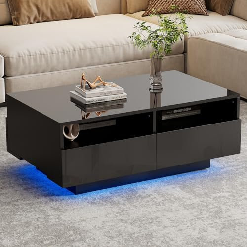 YEHTOKHOME Table Basse Noir avec 4 Tiroirs Moderne Coffee Table Rectangulaire avec éclairage LED 16 Couleurs pour Salon, Bureau, Chambre à Coucher (Noir)