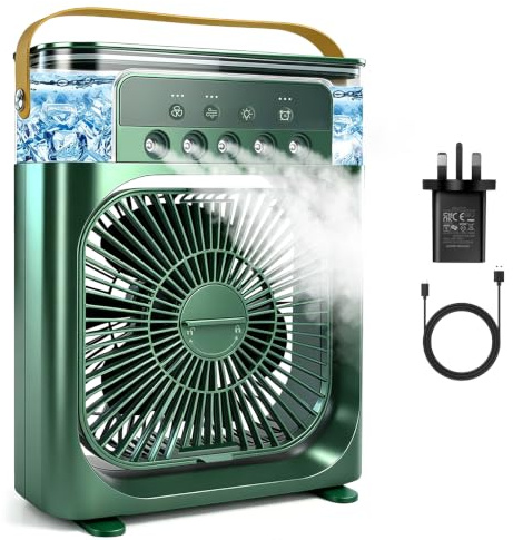 Portable Air Conditioner Fan, Mini Evaporative Air Cooler with 5 Spray Nozzles,3 Wind Speeds,3 Timers, 7 Colors LED Light,600ML Personal AC Unit Fan for Bedroom Office Camping（Green)