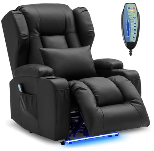 SITURAY Elektrisch Verstellbar Relaxsessel mit Liegefunktion | Fernsehsessel TV Sessel mit Massage und Wärme, Modern Kinosessels mit LED/USB, bis 150 kg, Kunstleder Schwarz