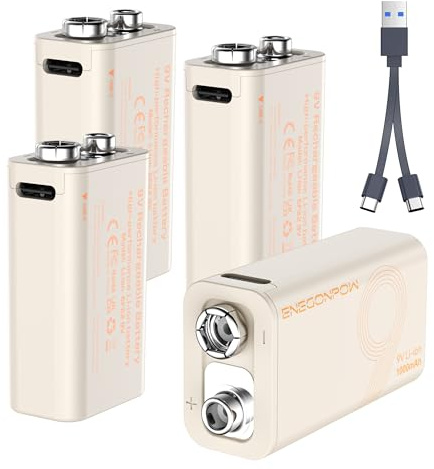 ENEGONPOW Pilas Recargables de 9V, Paquete de 4, 1000mAh,Ion de Litio con Carga USB-C e Indicadores LED para Detectores de Humo, Micrófonos, Alarmas, Linternas