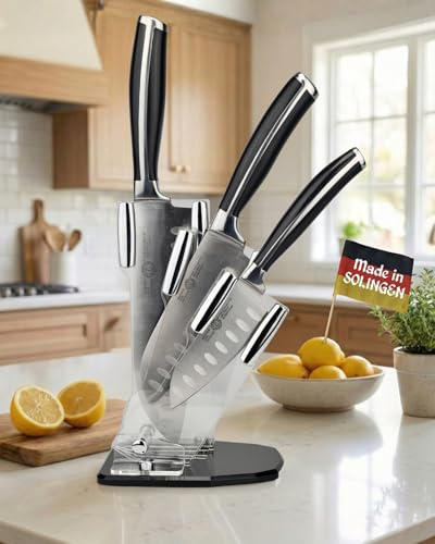 GGS Solingen Santoku Messer Set 4-teilig – Küchenmesser Set Edelstahl mit Messerblock, 3 Santokumesser 18cm 13cm 10cm, Kullenschliff, eisgehärtet, handgeschärft – Profi Kochmesser Set