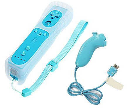 BIGFOX 2 en 1 Mando Plus con Motion Plus y Nunchunk para Nintendo Wii/Wii U (Opcional a Seis Colores) y Funda de Silicona - Azul Claro