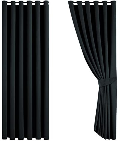 Aspire Homeware Blackout Curtains for Bedroom Eyelet Black Curtains 90x90 Drop Ring Top Super Soft Living Room Window Curtain with Two Tie Backs Pair Panels