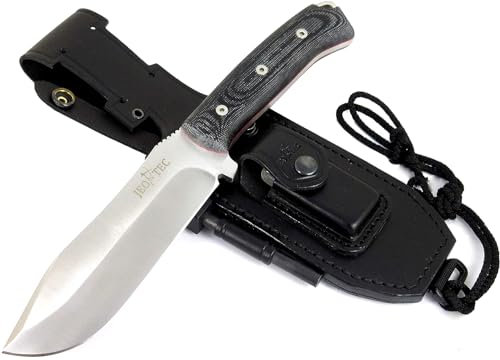 JEO-TEC Nº45: Couteau de survie à lame fixe pour le camping Bushcraft Randonnée et chasse en plein air, lame 15 cm, étui en cuir, Pierre à briquet et pierre à aiguiser, Fabriqué en Espagne