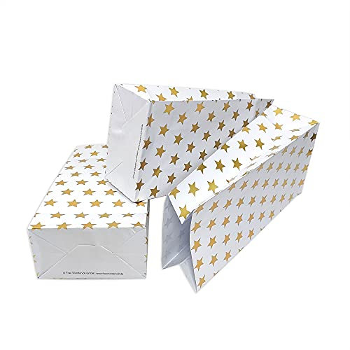 Frau WUNDERVoll® 60 Papiertüten mit Boden,weiß, Gold Sterne, 12x7x24cm (Vorteilsmenge) /Blockbodenbeutel,Tüte,Papierbeutel,Geschenktüte, Geschenkbeutel,Gastgeschenk,Hochzeit,Mitgebseltüte