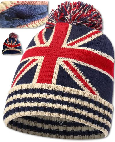 Union Jack Flag Thermal Hat – Bobble Hat – Double Layered Cap – Smart Fitting - UNISEX Boys & Girls, Men & Women – British Flag – Gift Idea - One Size Fits Most - Beanie Hats (Navy Blue + Fur Lining)
