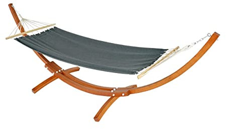 Hängematte mit Gestell HWC-J46, Hängeschaukel, bis 200kg Holzgestell FSC®-Zertifiziert 320cm - braun, Matte grau