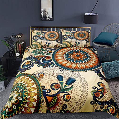 Omela Bettwäsche Boho 135x200 Gelb Mandala Blumenmuster Bettwäsche Set Exotische Bohemian Style Microfaser Bettbezug mit Reißverschluss und Kissenbezug 80x80 cm